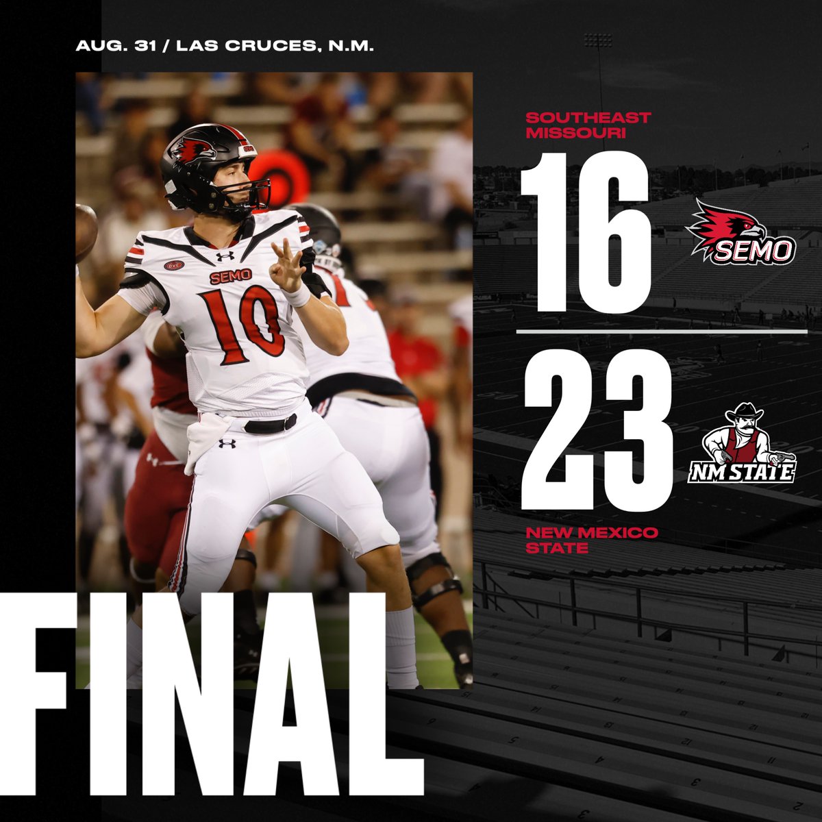 SEMOfootball's tweet photo. NMSU 23, SEMO 16 | FINAL
Redhawks host UT Martin in Big South-OVC opener on Sept. 7. https://t.co/XBdbpAduWX