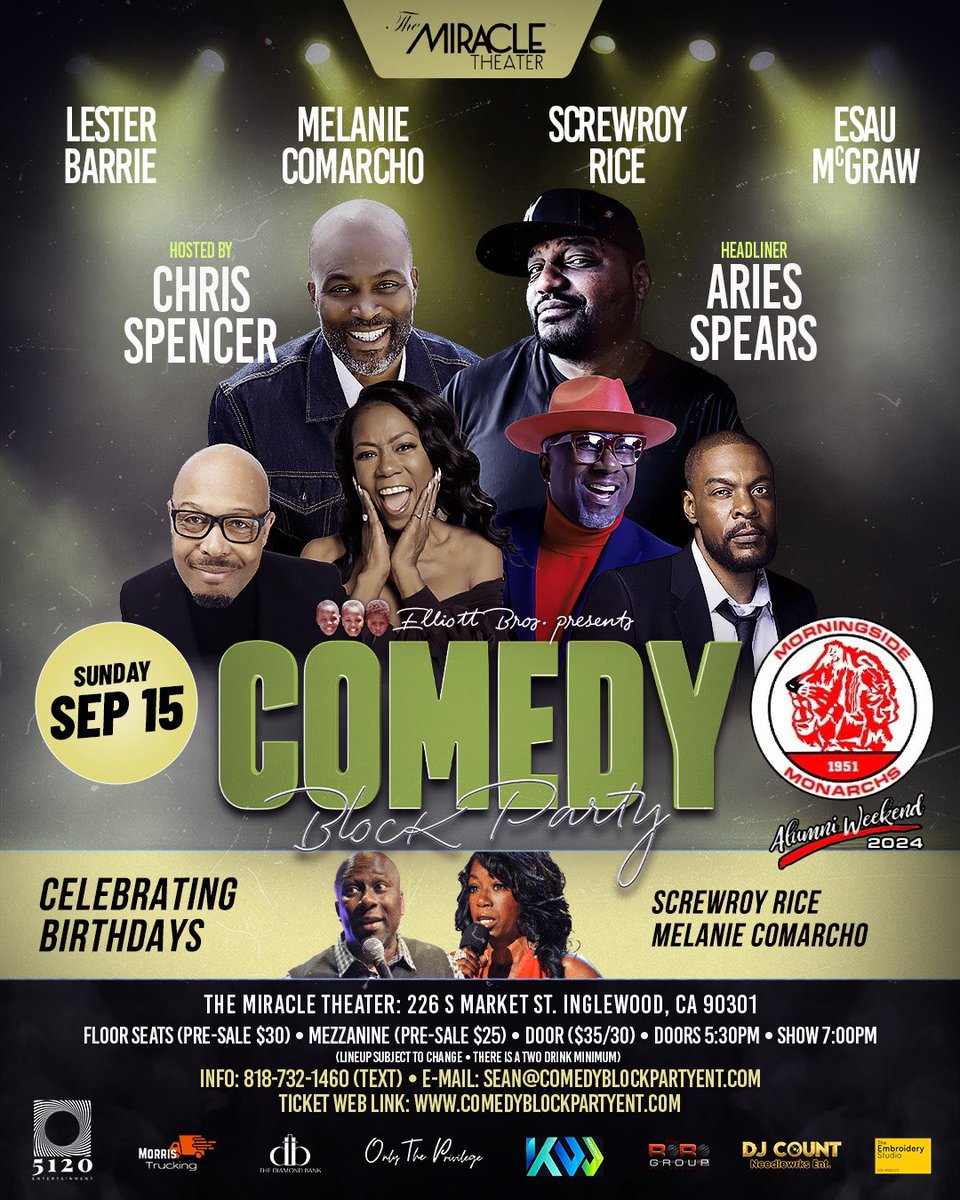 Sean (@elliottbrosent) on Twitter photo #letsgo
Purchase your Pre-Sale ticket at: comedyblockpartyent.com
<a href="/AriesSpears500/">Aries Spears</a> coming to the <a href="/MiracleOnMarket/">The Miracle Inglewood</a> Sunday Sept 15 Hosted by <a href="/thechrisspencer/">chris spencer</a> <a href="/MelanieComarcho/">Melanie Comarcho</a> <a href="/ScrewRoy/">ROY RICE</a> <a href="/EsauMcgraw/">1960 What? 1960 Who?</a> <a href="/barrie_les65319/">Lester Barrie</a> #letsgo
Purchase your Pre-Sale ticket at: comedyblockpartyent.com
<a href="/AriesSpears500/">Aries Spears</a> coming to the <a href="/MiracleOnMarket/">The Miracle Inglewood</a> Sunday Sept 15 Hosted by <a href="/thechrisspencer/">chris spencer</a> <a href="/MelanieComarcho/">Melanie Comarcho</a> <a href="/ScrewRoy/">ROY RICE</a> <a href="/EsauMcgraw/">1960 What? 1960 Who?</a> <a href="/barrie_les65319/">Lester Barrie</a>