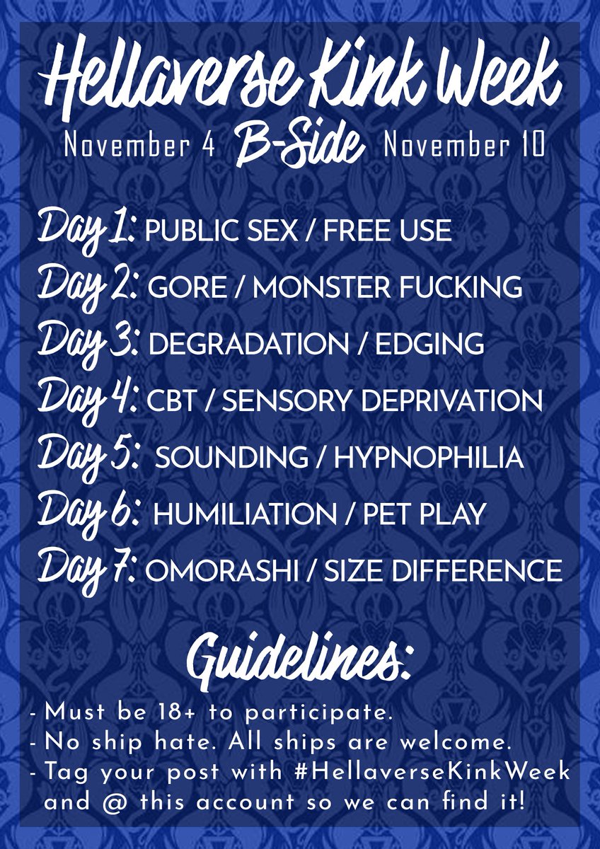 Here are the prompts for the second #HellaverseKinkWeek!

It's taking place from November 4th through November 10th.
You can join in with fanart, fanfic, or whatever creative medium you prefer. Don't forget to use the # AND tag us!

This is an 18+ event, minors will be blocked.