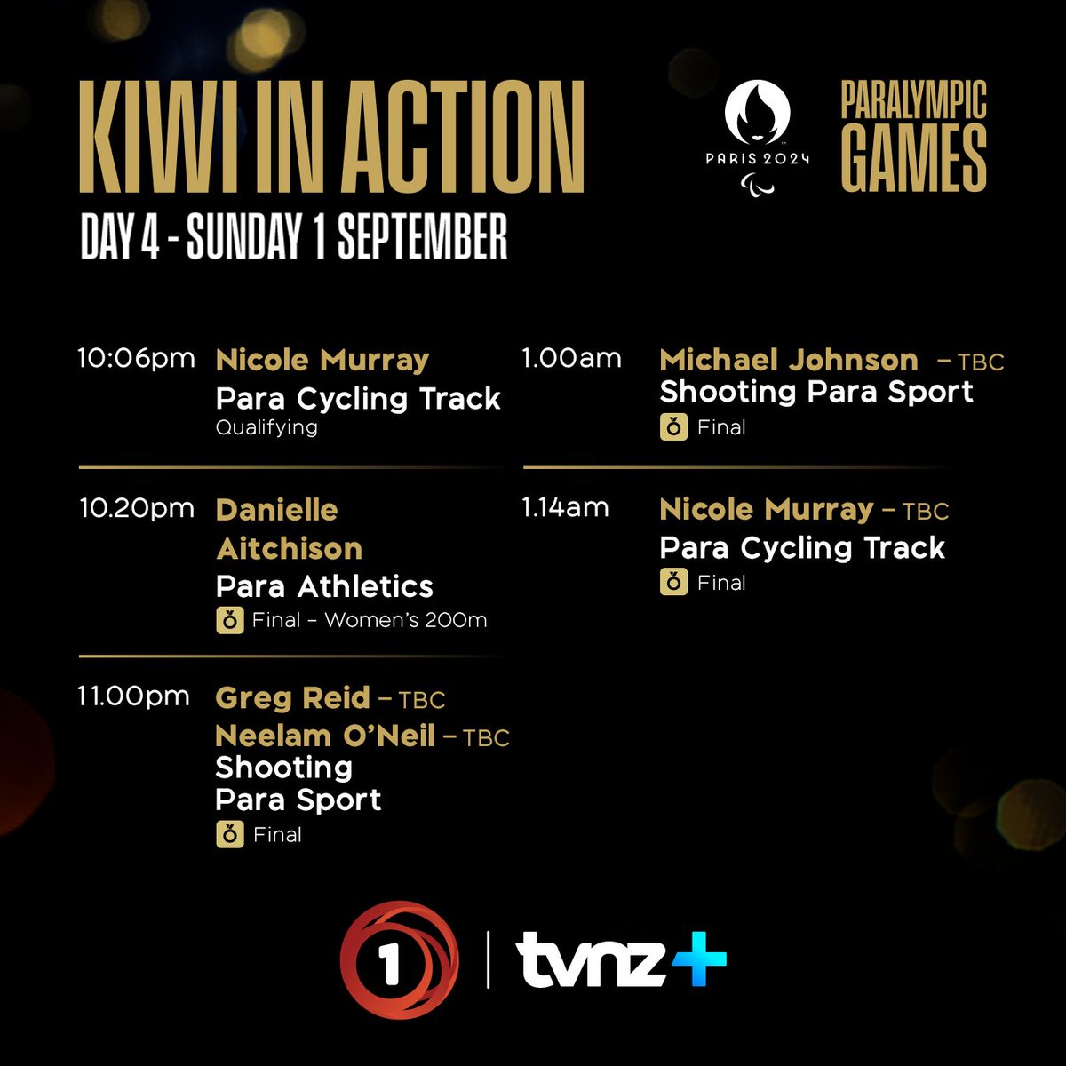 Day 4 of the #Paris2024 Paralympic Games gets underway with Kiwi athletes in Para Cycling, Shooting Para Sport, plus Danielle Aitchison goes for Gold in the Final of the Women's 200m T36 Final! 🔥🇳🇿

Paris 2024 Paralympics | LIVE from 7.30pm tonight on TVNZ 1 and TVNZ+