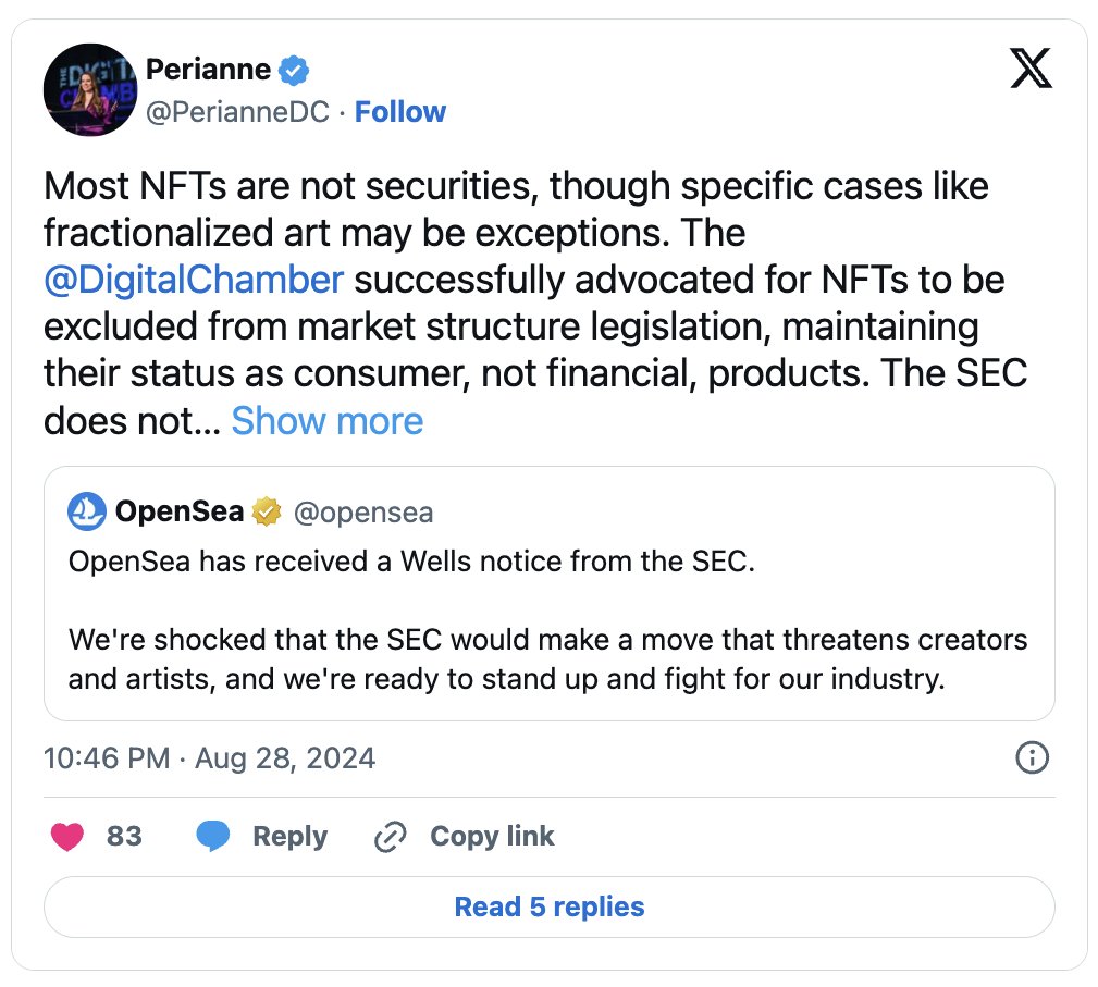 Some NFTs, especially those promising financial returns or tied to broader projects, could be considered securities under US law. Founder and CEO of The Digital Chamber <a href="/PerianneDC/">Perianne Boring</a>, pointed out on X, some NFT usage is more prone to being considered a security.