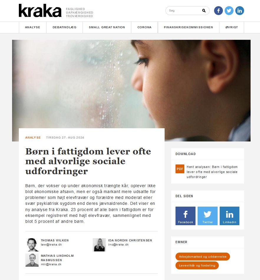 Analyse: Børn, der vokser op under økonomisk trængte kår, oplever ikke blot økonomiske afsavn, men er også markant mere udsatte for problemer som højt elevfravær og forældre med moderat eller svær psykiatrisk sygdom end deres jævnaldrende. kraka.dk/analyse/boern_… <a href="/ThomasWilken1/">Thomas Wilken</a>