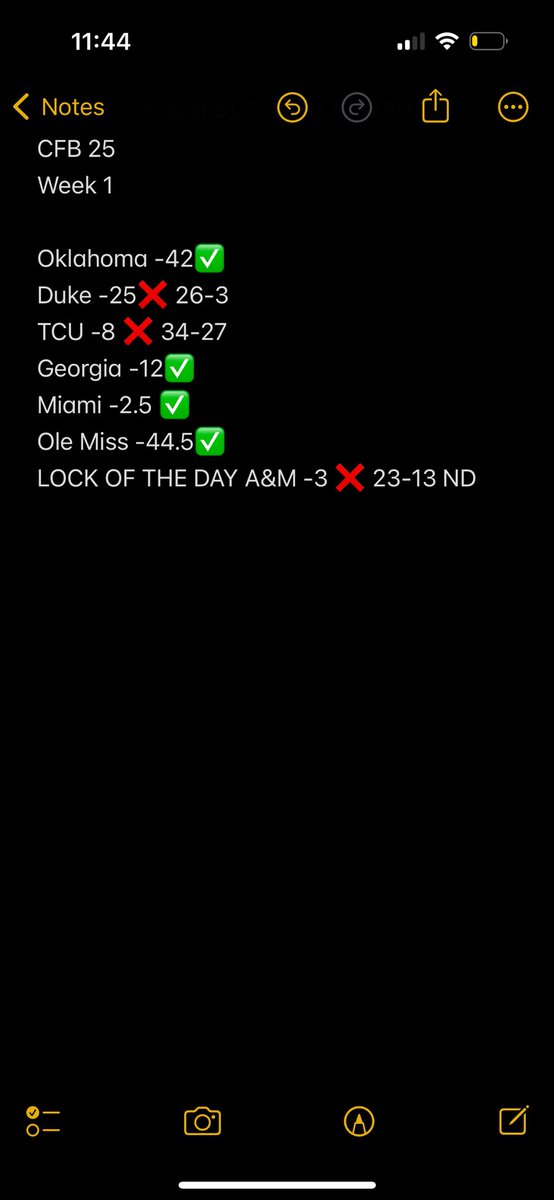 timmyselfridge's tweet photo. Not the outcome I would prefer but going 4-3 week 1 with a 57% win rate I am content! #CFB #GoCanes https://t.co/0FaQ9h8aej