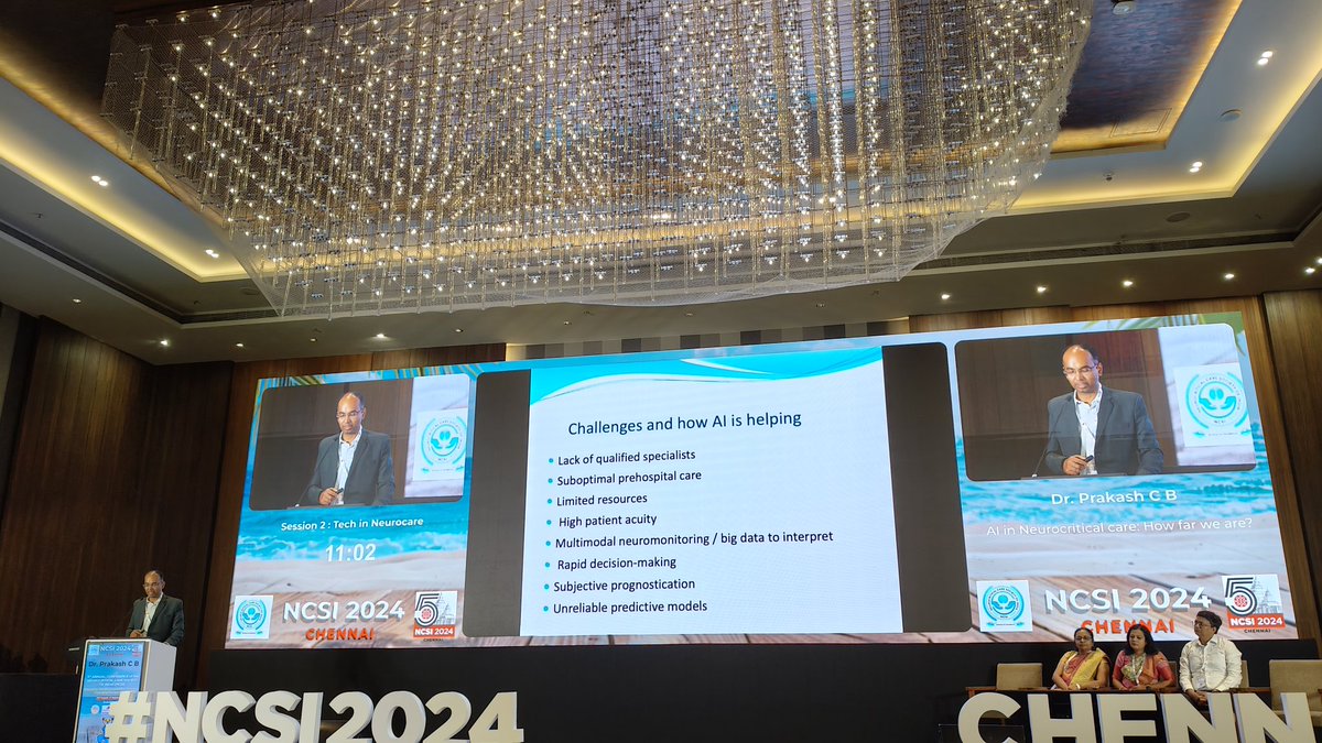 ncsi2024's tweet photo. "We are yet to fully embrace AI in Neurocritcal Care " says Dr Prakash C B in his talk at NCSI 2024, Chennai. 
#ncsi2024 #chennai
@NCSIofficial @neurocritical @ISNACCINDIA @SNACCNeuro @neuroclassroom https://t.co/MSrQTRM92O