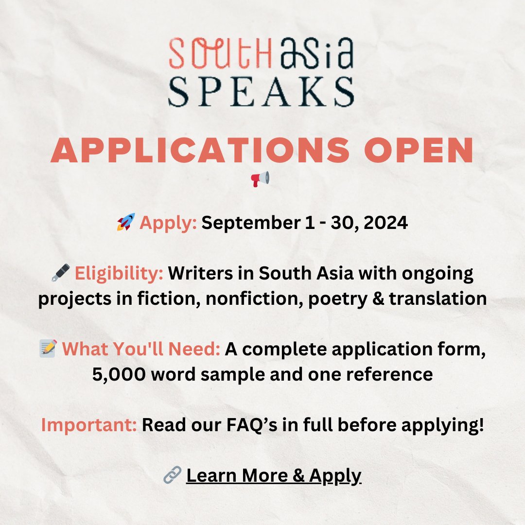 South Asia Speaks: Where Stories Meet Mentorship (@asiaspeaks) on Twitter photo Are you an emerging writer living in South Asia? Apply for an <a href="/AsiaSpeaks/">South Asia Speaks</a> mentorship! Applications are open until September 30, 2024. Please read our updated FAQ's carefully & note that we have a set of new application requirements. southasiaspeaks.org/applynow Are you an emerging writer living in South Asia? Apply for an <a href="/AsiaSpeaks/">South Asia Speaks</a> mentorship! Applications are open until September 30, 2024. Please read our updated FAQ's carefully & note that we have a set of new application requirements. southasiaspeaks.org/applynow