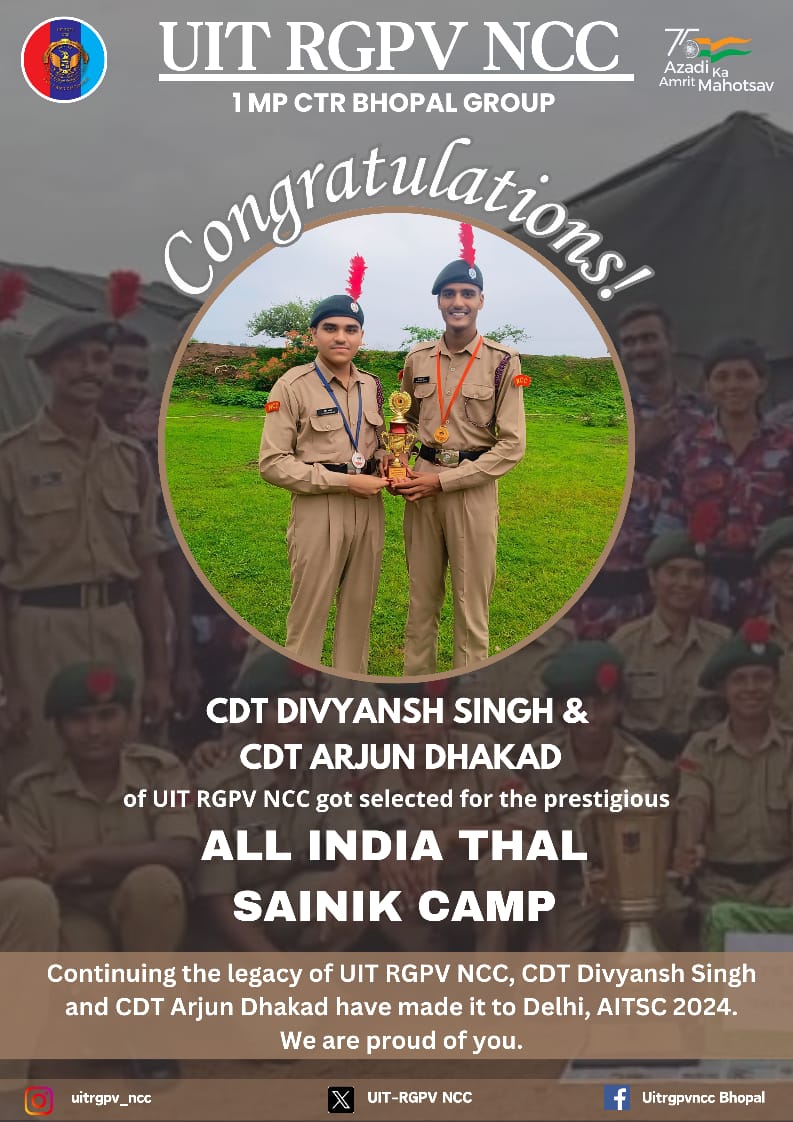 URgpv's tweet image. 1/2
&quot;Opportunities don&apos;t happen. You create them.&quot; — Chris Grosser

#UITRGPVNCC is thrilled to announce the commendable selection of our two cadets, CDT ARJUN DHAKAD and CDT DIVYANSH SINGH for #AITSC - 24(All India Thal Sainik Camp).