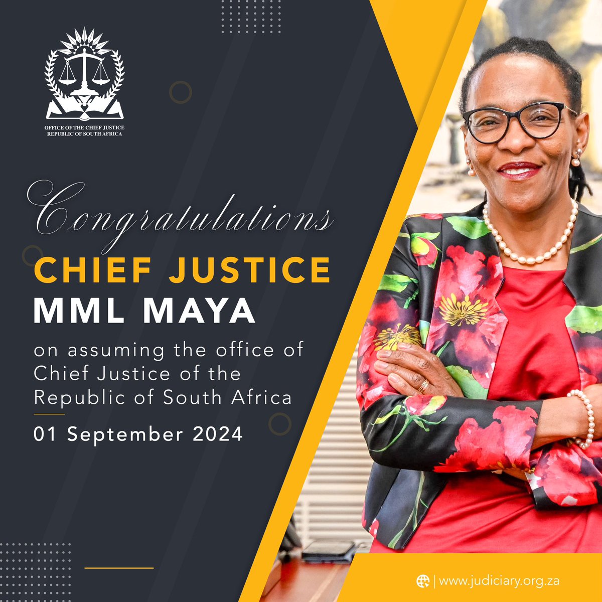 Chief Justice M M L Maya assumes the office of Chief Justice of the Republic of South Africa today, 01 September 2024.
#Judiciary 
#ChiefJusticeMaya