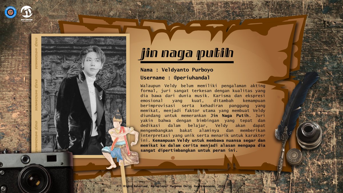 ㅤ ㅤ 
𝐍𝐚𝐠𝐚 𝐏𝐮𝐭𝐢𝐡, jin jelmaan naga yang menjadi peliharaan Bandung Bondowoso, menyembunyikan kekuatannya dalam bayang-bayang malam dan bersembunyi kala mentari nan agung 𝐦𝐞𝐧𝐠𝐮𝐚𝐬𝐚 𝐝𝐢 𝐜𝐚𝐤𝐫𝐚𝐰𝐚𝐥𝐚.

Karakter ini diperankan oleh <a href="/periuhandal/">VELDY.</a>
ㅤ ㅤ
