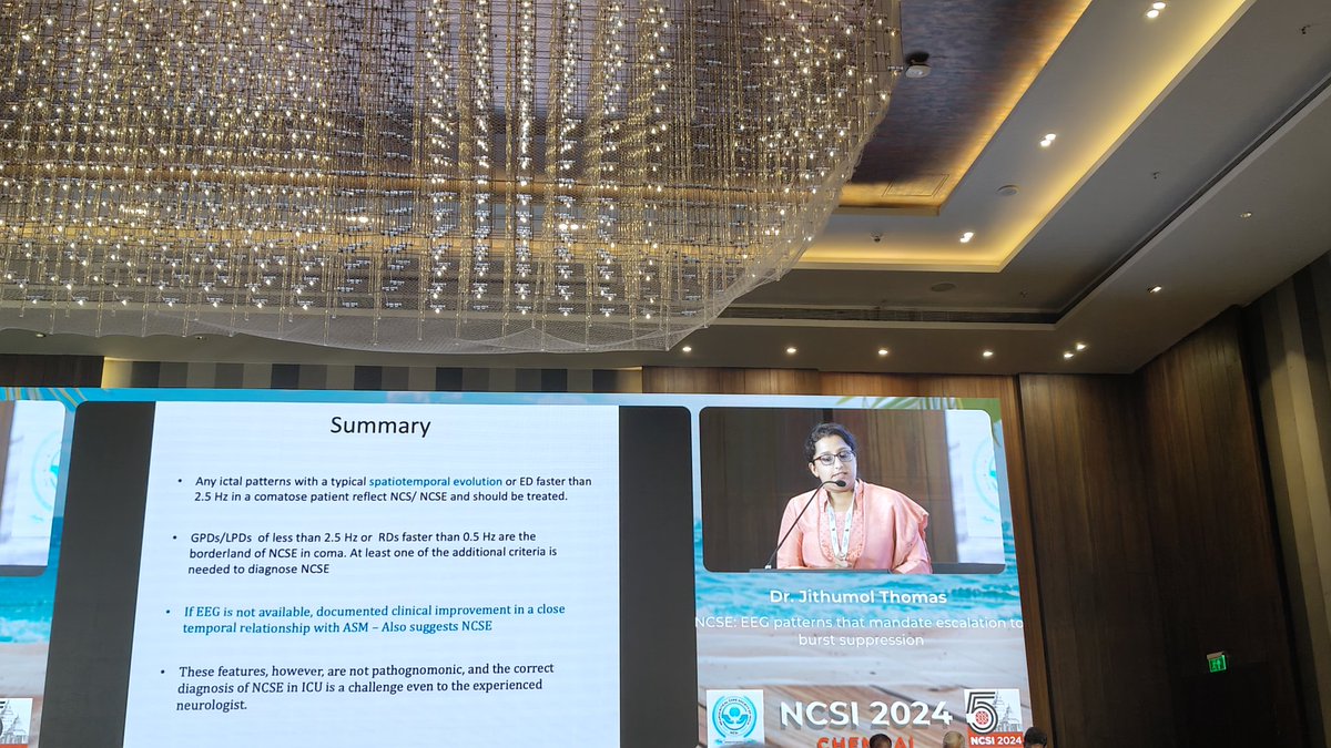 NCSI 2024 (@ncsi2024) on Twitter photo Non Convulsive Status Epilepticus is easy to treat but difficult to diagnose. Dr Jithumol Thankam Thomas has taken us through the pitfalls in diagnosis & best methods to avoid them in her talk at NCSI 2024, Chennai. #NCSI2024
<a href="/NCSIofficial/">Neurocritical Care Society of India</a> <a href="/neurocritical/">Neurocritical Care Society</a> <a href="/ISNACCINDIA/">ISNACC</a> <a href="/SNACCNeuro/">SNACC</a> Non Convulsive Status Epilepticus is easy to treat but difficult to diagnose. Dr Jithumol Thankam Thomas has taken us through the pitfalls in diagnosis & best methods to avoid them in her talk at NCSI 2024, Chennai. #NCSI2024
<a href="/NCSIofficial/">Neurocritical Care Society of India</a> <a href="/neurocritical/">Neurocritical Care Society</a> <a href="/ISNACCINDIA/">ISNACC</a> <a href="/SNACCNeuro/">SNACC</a>