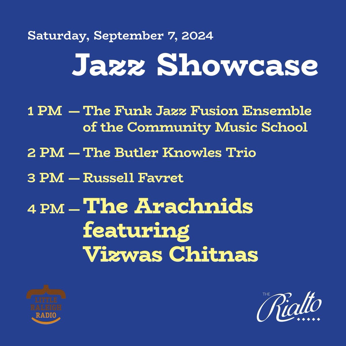UnderTheInfluence (@markjhealy) on Twitter photo .<a href="/LRaleighRadio/">Little Raleigh Radio</a> is hosting its 2nd annual Jazz Showcase at the Rialto Theater in Five Points, one of the free <a href="/hopscotchfest/">Hopscotch Music Fest</a> day parties. Come support local jazz musicians performing at a lovely venue. LRR reps will be selling swag & answering your questions.
@the.rialto .<a href="/LRaleighRadio/">Little Raleigh Radio</a> is hosting its 2nd annual Jazz Showcase at the Rialto Theater in Five Points, one of the free <a href="/hopscotchfest/">Hopscotch Music Fest</a> day parties. Come support local jazz musicians performing at a lovely venue. LRR reps will be selling swag & answering your questions.
@the.rialto