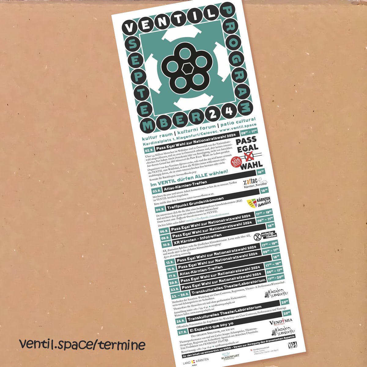 Das #September Programm im VENTIL auf ventil.space/termine

#VENTIL
kultur raum | kulturni forum | patio cultural, Kardinalplatz 1 #Klagenfurt / #Celovec
#theatre #performance #inform #discuss #vote
#passegalwahl #NRW24 #kultur #kärnten #koroška