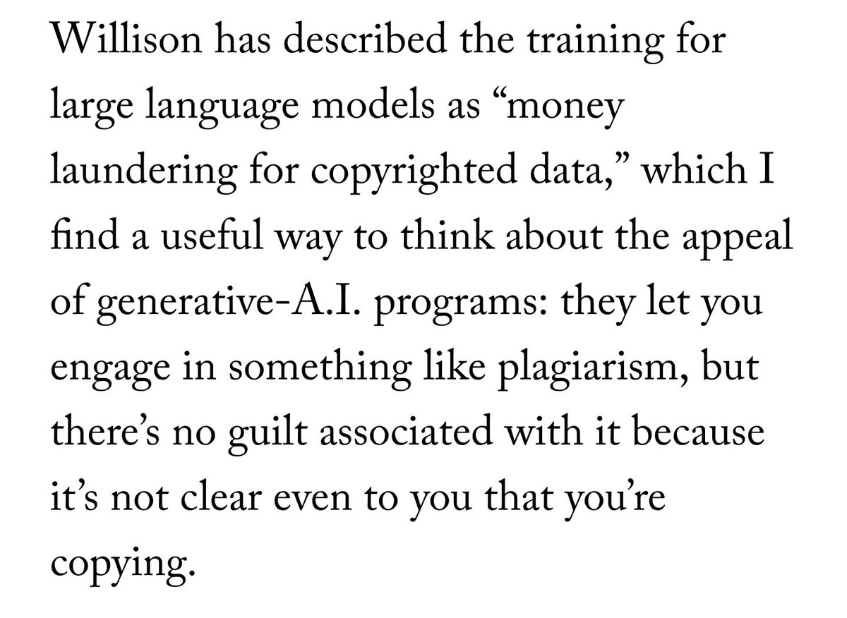 Rahll's tweet image. This essay on AI is almost cathartic in the way that it captures and confirms so eloquently how so many of us feel. I think Mr. Chiang has gifted us with something that will be referenced and talked about for a long time. Send it to everyone you know.
