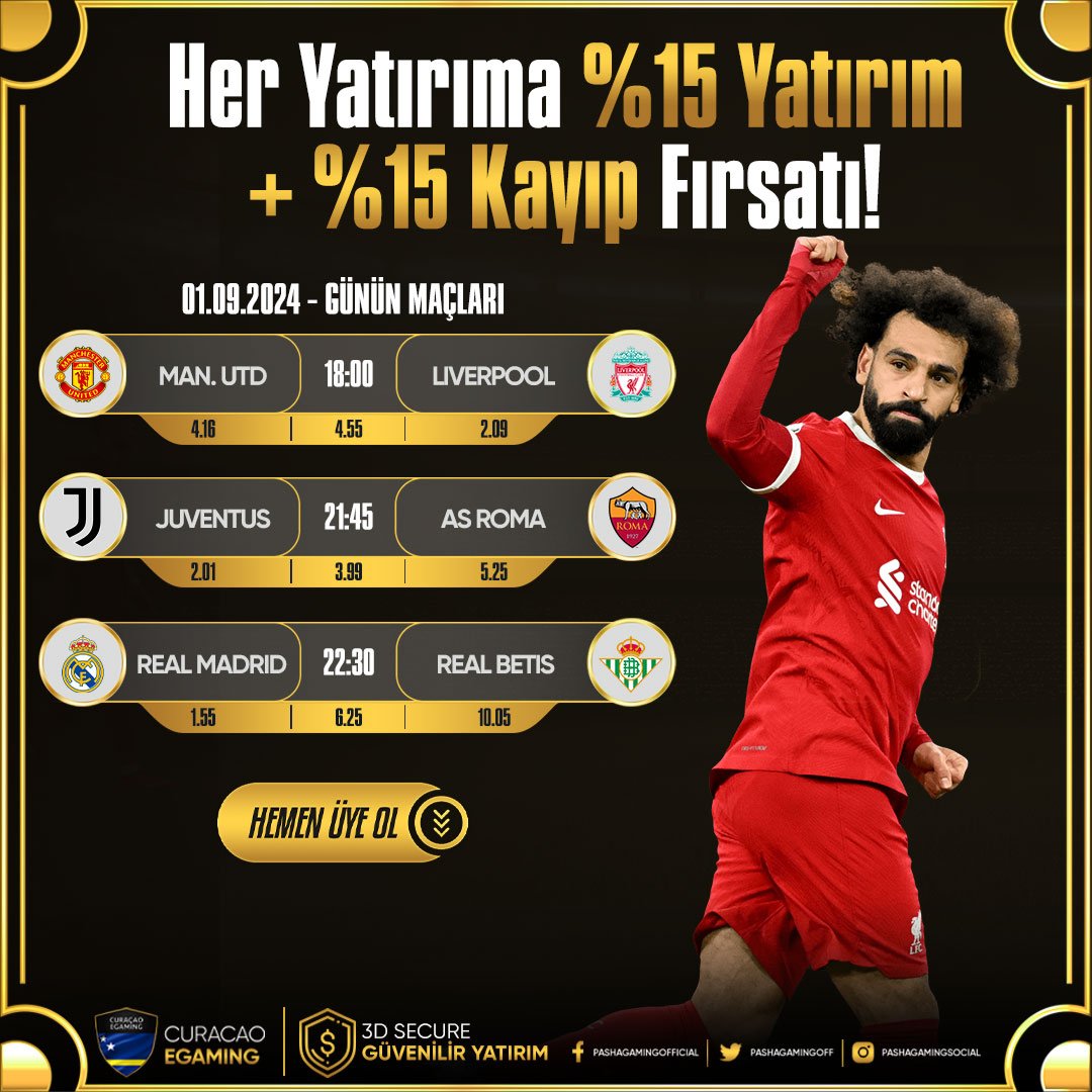 👑#PASHAGAMING'DEN İLK YATIRIMINIZA ÖZEL %100 SPOR HOŞGELDİN!

📺TÜM MAÇLARI HD KALİTEDE CANLI İZLE!

⚽Man. Utd - Liverpool
⚽Juventus - AS Roma
⚽Real Madrid - Real Betis

💝%20 YATIRIM + %20 KAYIP BONUSU!

ℹ️ bit.ly/PashagamingWp

#pashagaming #bahis #bonus #casino
