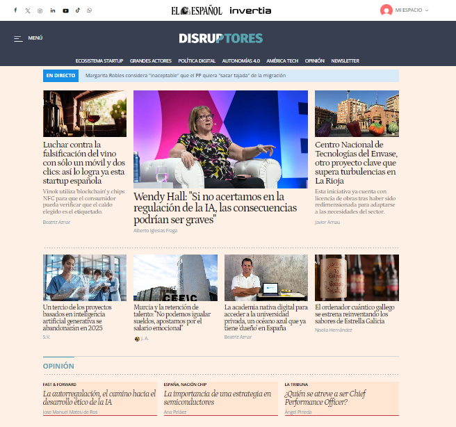 disruptoresee's tweet photo. ☀️ ¡Feliz #domingo! Nuestra portada:
https://t.co/FHPMhWildd

👀 Entrevista a Wendy Hall, asesora de la ONU en IA
📎 https://t.co/BDzQVtZn0U
✍️ @aiglesiasfraga 

🍷 Tecnología contra los falsificadores de vino
📎 https://t.co/ZtqBSgTVui
✍️ @beazmi https://t.co/7lkbLkPI7t