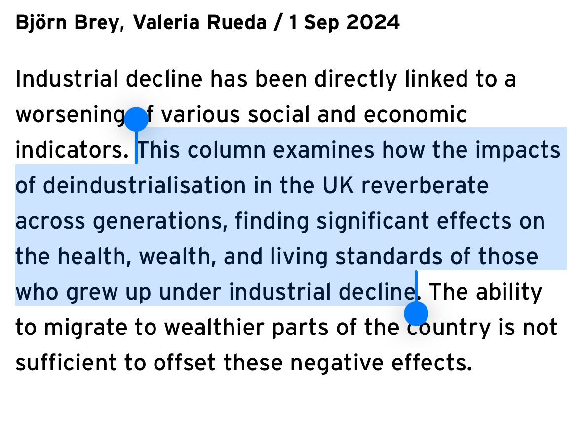 Richard Baldwin (@baldwinre) on Twitter photo Deindustrialisation can durably affect living standards, and the effects are carried across multiple generations
👉New evidence <a href="/voxeu/">VoxEU</a> on UK coal industry collapse
🔗 cepr.org/voxeu/columns/… <a href="/cepr_org/">CEPR</a> <a href="/NHHEcon/">NHH Department of Economics</a> <a href="/UniofNottingham/">Uni of Nottingham #WeAreUoN</a> <a href="/BrankoMilan/">Branko Milanovic</a> <a href="/DeatonAngus/">Angus Deaton</a> <a href="/davidautor/">David Autor</a> Deindustrialisation can durably affect living standards, and the effects are carried across multiple generations
👉New evidence <a href="/voxeu/">VoxEU</a> on UK coal industry collapse
🔗 cepr.org/voxeu/columns/… <a href="/cepr_org/">CEPR</a> <a href="/NHHEcon/">NHH Department of Economics</a> <a href="/UniofNottingham/">Uni of Nottingham #WeAreUoN</a> <a href="/BrankoMilan/">Branko Milanovic</a> <a href="/DeatonAngus/">Angus Deaton</a> <a href="/davidautor/">David Autor</a>