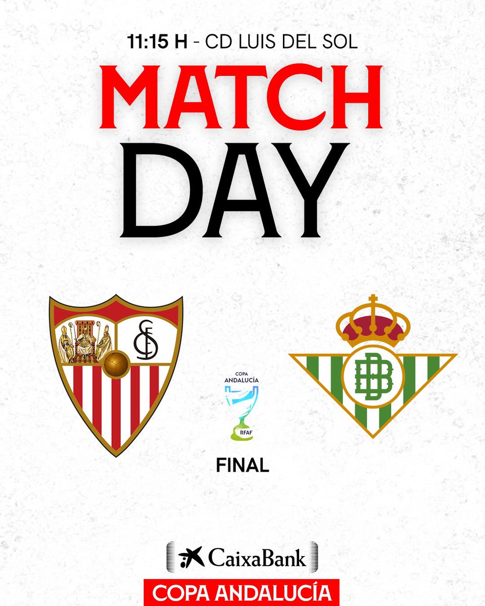 🚨 HOY JUGAMOS ⚪🔴

⚽️ Final #CopaAndalucíaFF 
🕗 11.15 horas
🆚 <a href="/RealBetisFem/">Real Betis Féminas</a> 
🏟️ CD Luis del Sol  
🎙️ #SevillaFCRadio (live.sevillafc.es)
📱 <a href="/SevillaFC_Fem/">Sevilla FC Femenino</a> 
📺 <a href="/canalsur/">CanalSur</a> 

#SevillaFCBetis #SevillaFCFem #WeareSevilla #NuncaTeRindas