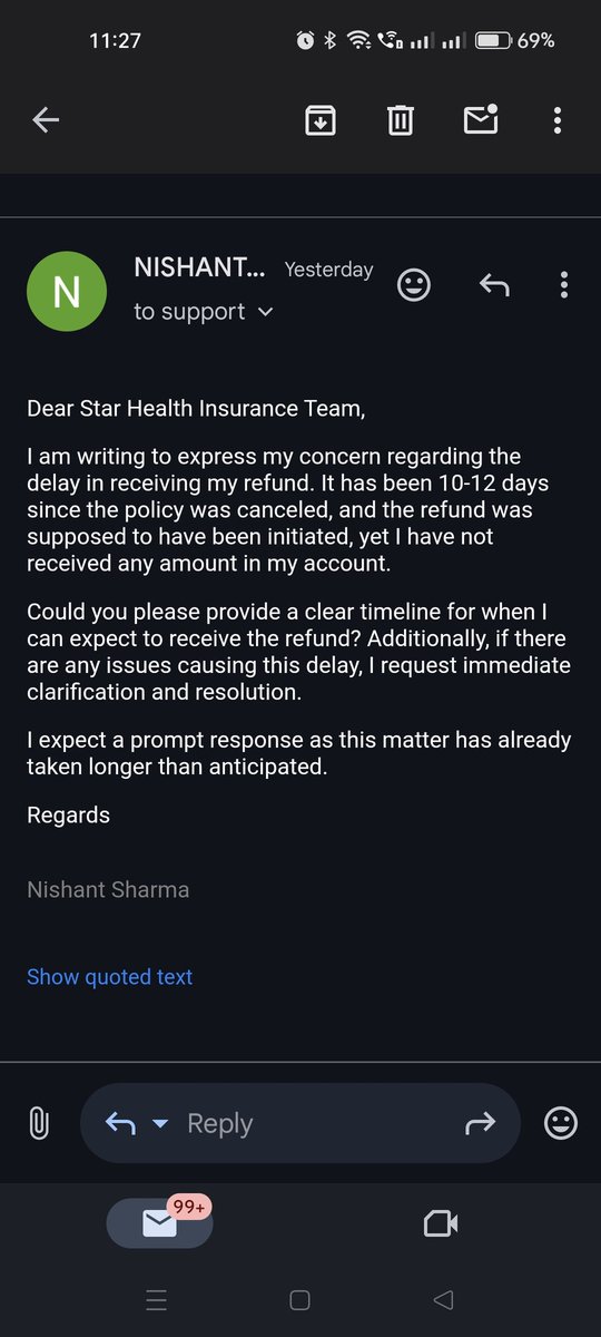 Nishantdilli's tweet photo. @star_orm @_mukesh_sharma @Dr_S_Prakash @JPNadda @PMOIndia @narendramodi @AyushmanNHA @moayush @MoHFW_INDIA @irdainsurance @ANANDSROY It's been 2 months since I requested the cancellation of my policy, and I'm still waiting for a refund. @star_orm constant excuses and lack of action show just how irresponsible customer service is. Every time, it's the same response: 'forwarded to the concerned dept'. https://t.co/LgwbsVZA3Y