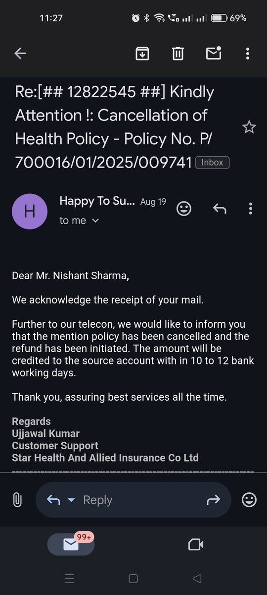 Nishantdilli's tweet photo. @star_orm @_mukesh_sharma @Dr_S_Prakash @JPNadda @PMOIndia @narendramodi @AyushmanNHA @moayush @MoHFW_INDIA @irdainsurance @ANANDSROY It's been 2 months since I requested the cancellation of my policy, and I'm still waiting for a refund. @star_orm constant excuses and lack of action show just how irresponsible customer service is. Every time, it's the same response: 'forwarded to the concerned dept'. https://t.co/LgwbsVZA3Y