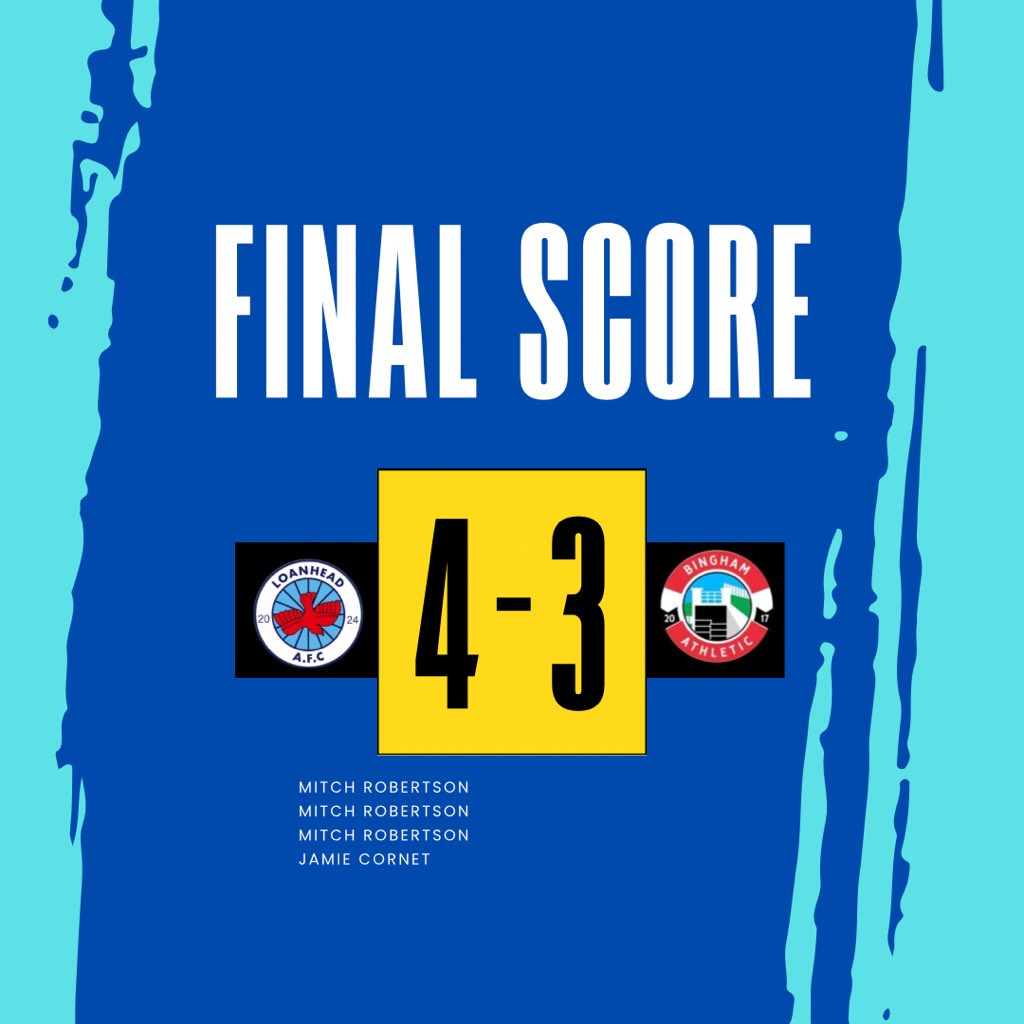Good character shown from the boys today. 3-1 down and turned it around.

Scottish cup up next week.

All the best to <a href="/AthleticBingham/">Bingham Athletic 🍖</a> 

Scorers:
<a href="/Mitchellrob_/">mitch robertson</a> x3
Jamie Cornet