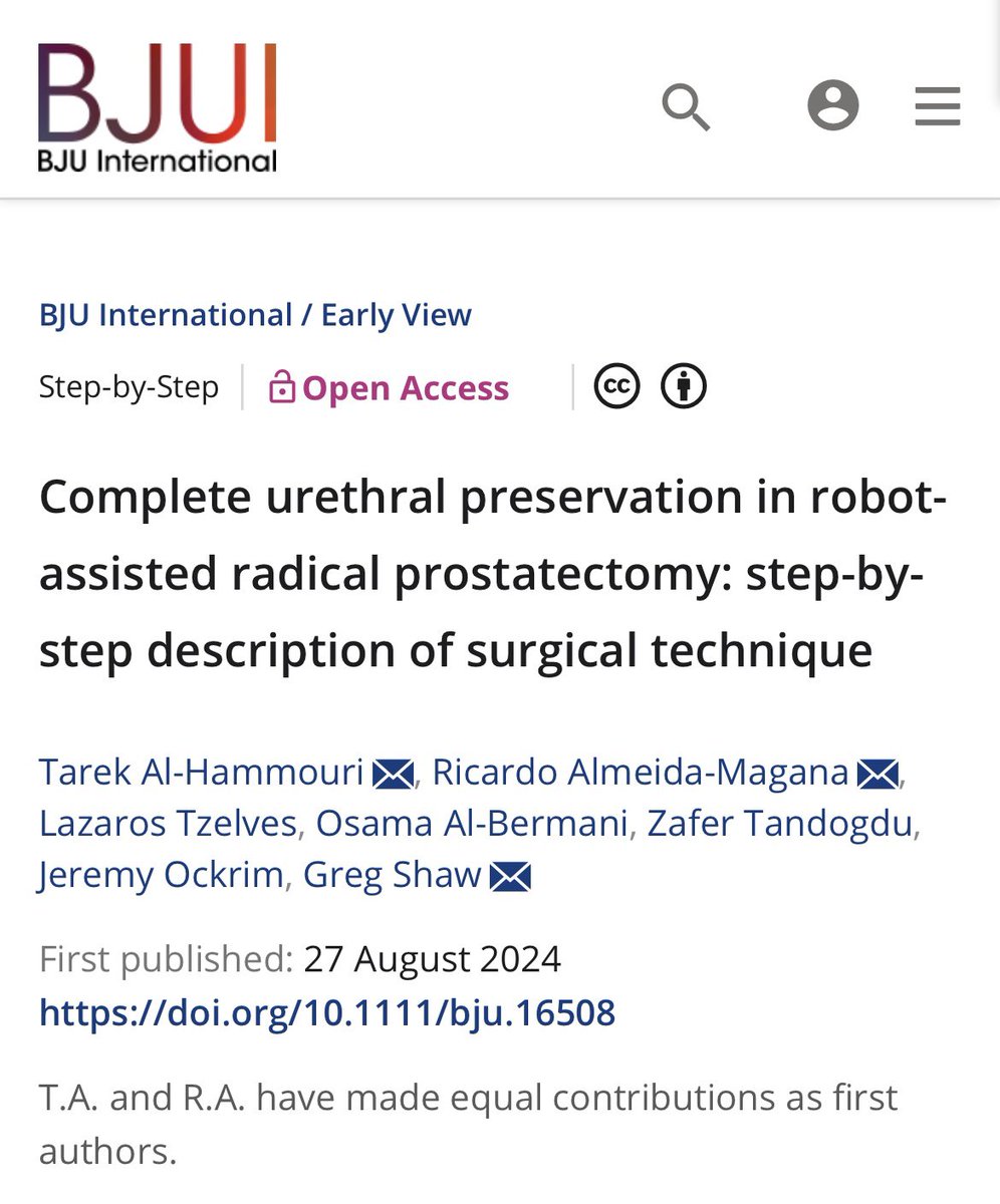 Dr Osama Al-Bermani (@oalbermani) on Twitter photo Our latest paper on Complete Urethral Preservation (CUP) after RALP. Novel technique with improved continence recovery. Privileged for the opportunity to work on this with the wonderful team <a href="/uclhrobotics/">UCLH Robotics</a>
bjui-journals.onlinelibrary.wiley.com/share/YZRSVRPM… Our latest paper on Complete Urethral Preservation (CUP) after RALP. Novel technique with improved continence recovery. Privileged for the opportunity to work on this with the wonderful team <a href="/uclhrobotics/">UCLH Robotics</a>
bjui-journals.onlinelibrary.wiley.com/share/YZRSVRPM…