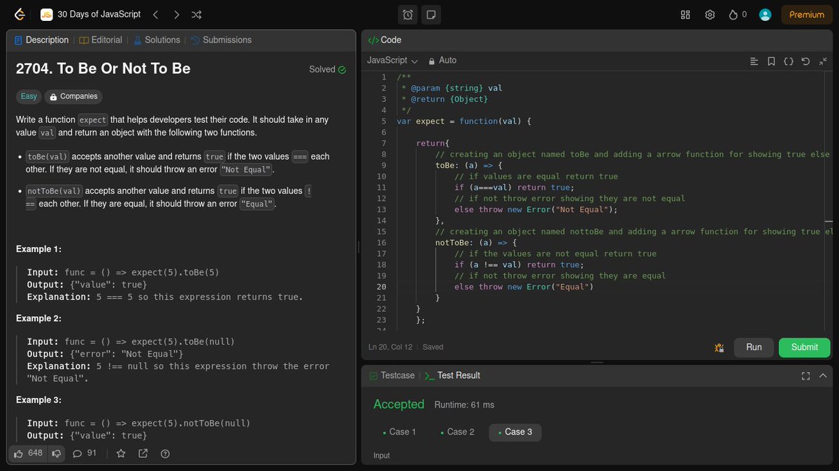 iamankitsingh26's tweet image. ⚠️2704: To Be Or Not To Be (Solved ✅)
{ used objects,arrow functions ,conditional statements!! }
#30daysofjavascript #javascript #leetcode