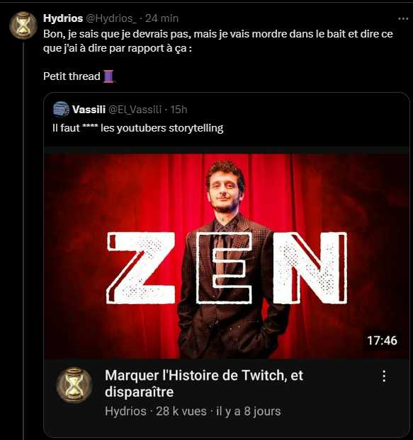 Imagine t'as fait un tweet me souhaitant la mort qui a fait 400k vues en diffamant le propos de la vidéo (que tu n'as pas regardée), et plutôt qu'assumer et promouvoir ma réponse t'as supprimé par lacheté

Imagine