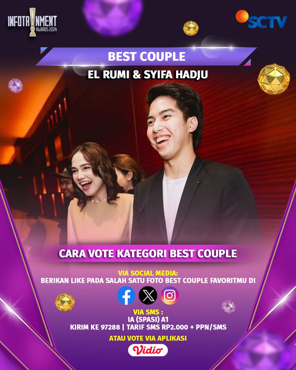 SCTV's tweet photo. Dukung El Rumi &amp; Syifa Hadju untuk memenangkan Kategori BEST COUPLE di Instagram dengan cara like foto berikut atau #VoteIA2024 via SMS, X, dan Facebook, atau bisa juga melalui @vidio.  

#IA1 #InfotainmentAwards2024 #SCTVSpesial #IA2023ElRumiSyifaHadju https://t.co/SKUmeb9iWG