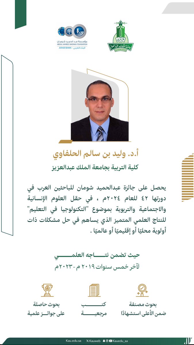 أ.د. وليد بن سالم الحلفاوي من كلية التربية بـ #جامعة_الملك_عبدالعزيز
يحصل على جائزة عبدالحميد شومان للباحثين العرب في دورتها 42 للعام 2024.