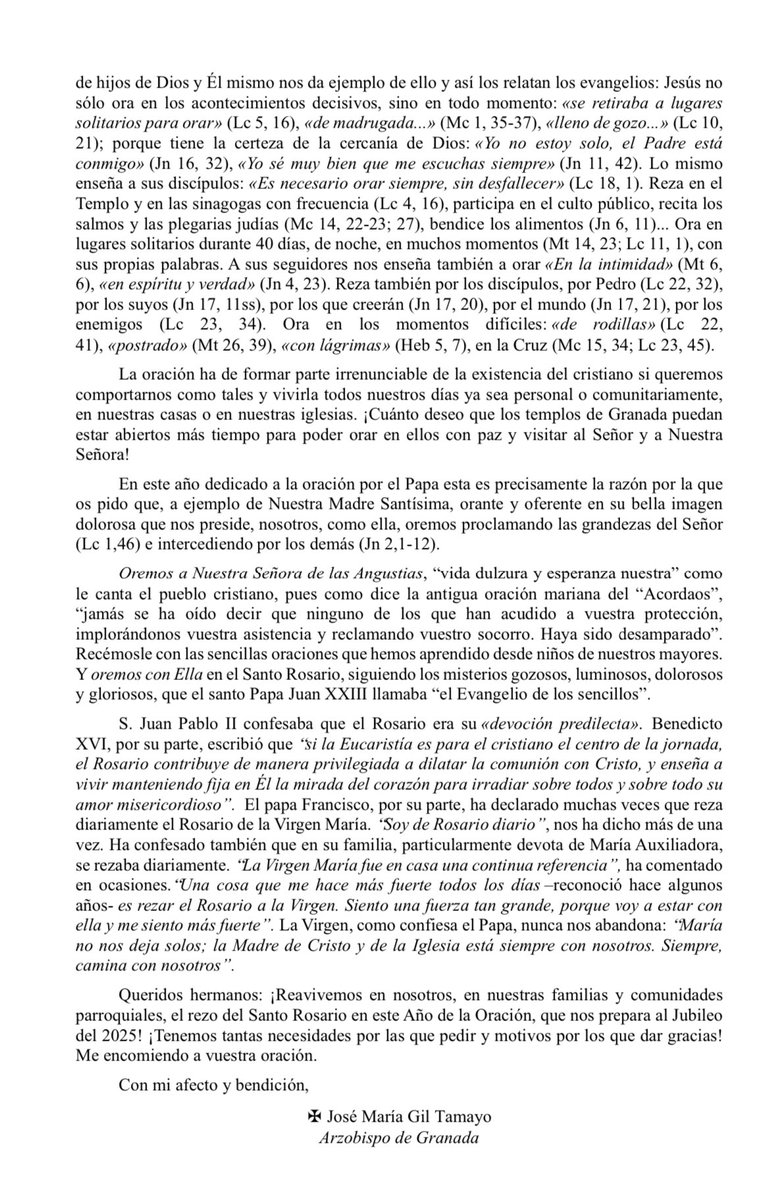 NUESTRA SEÑORA DE LAS ANGUSTIAS, MODELO DE ORACIÓN E INTERCESORA NUESTRA. Comenzamos este mes en que Granada entera se vuelca en cariño y devoción a nuestra Patrona. Les comparto mi carta para prepararnos a su fiesta. 🙏🙏🙏