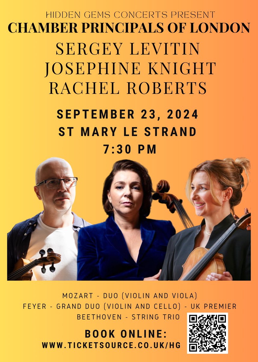 Next concert in my series #hiddengemsconcerts 
Leader of the orchestra of <a href="/rbo_org/">Royal Ballet and Opera</a> Sergey Levitin, Rachel Roberts and <a href="/knightcello/">Josephine Knight</a> present string music by Mozart, Feyer (UK premier) and Beethoven
September 23, 7.30
<a href="/StMaryleStrand/">St Mary le Strand - The Jewel in the Strand</a>