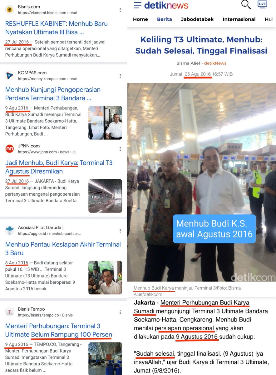 Pertengahan Mei 2016 mulyono minta T3 Soetta beroperasi sebelom lebaran. Dirut AP2 Budi KS bilang Juni 2016 bisa. Menhub Jonan pertengahan Juni 2016 ngecek &amp; nggak ngasih izin operasi. Mulyono &amp; genk kecewa. 27 Juli 2016 Budi KS gantiin Jonan (isu brexit). Agust 2016 T3 siap. 👌