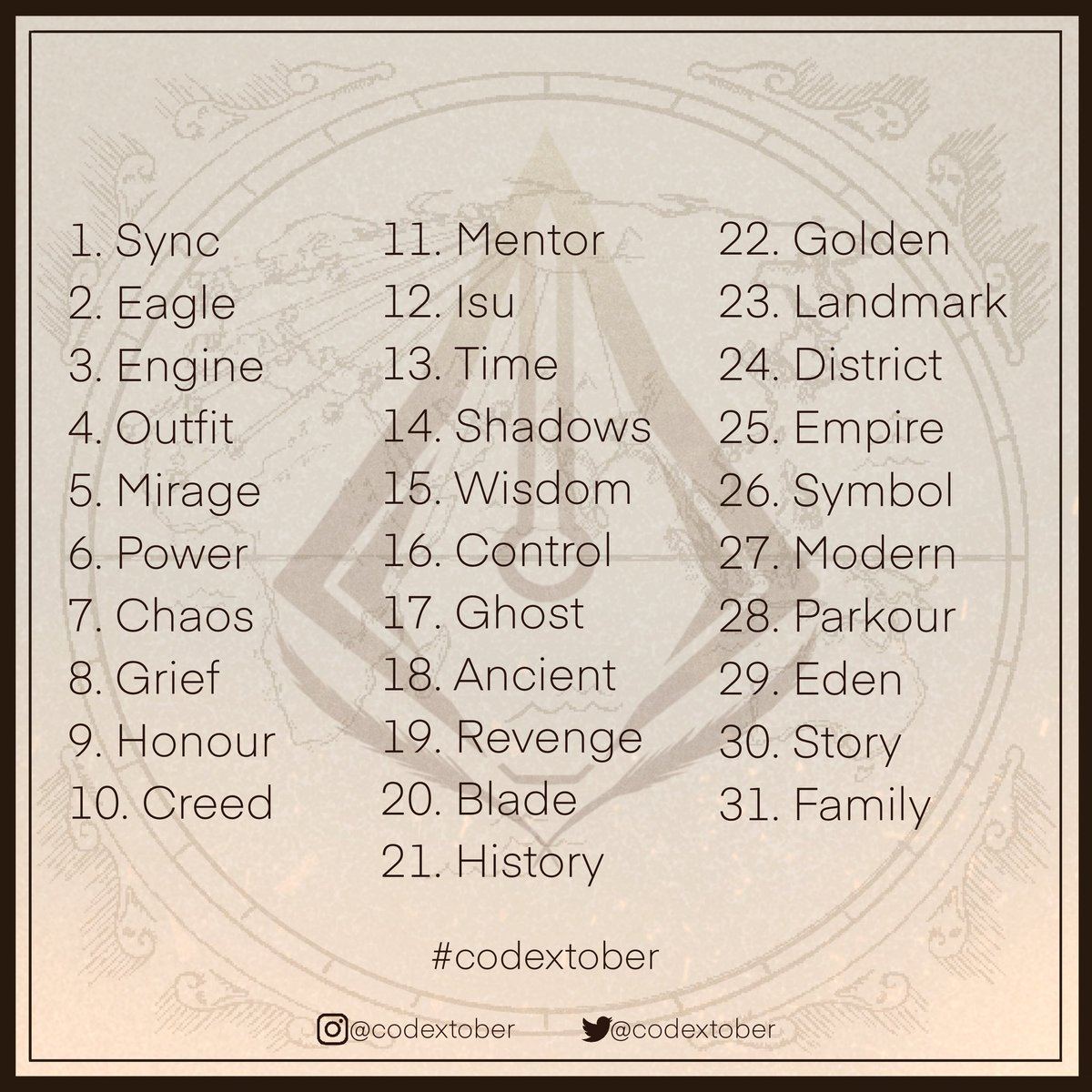 codextober's tweet image. It’s back, again! Codextober is an Assassin’s Creed themed creative challenge for October.

Tag your work with #codextober and/or tag @codextober so we can check it out and share! We can’t wait to see what you all create. More info below!

Safety and Peace ✨
#AssassinsCreed