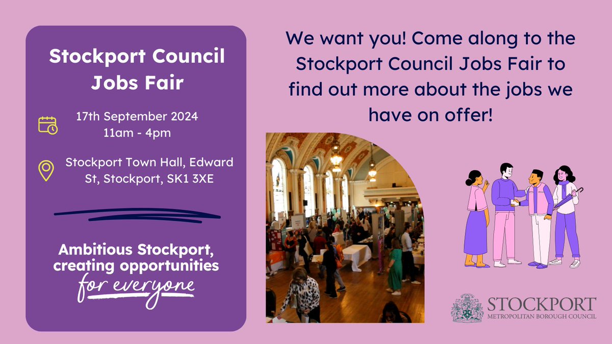 Are you looking for a new #career? Do you fancy a new challenge? 

#StockportCouncil is hosting our annual #JobsFair on 17th September 2024!  Book your ticket today, we look forward to seeing you there! 👉 orlo.uk/Wxp1F

#TeamStockport #AmbitiousStockport