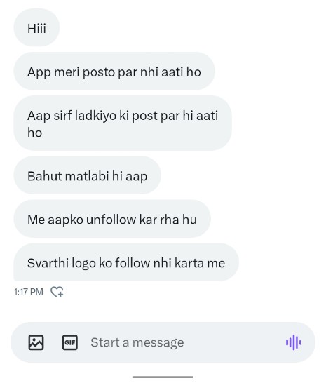 बहुत भाई बहन DM ऐसे मैसेज करते हैं,।

तों भाई में Twitter सिर्फ 40/50 मिनट चलाती हूं ,
 
Morning में 7-11बजे तक और Evening में 3-10बजे तक में library में रहतीं हुं,उस समय तों में Twitter ही नहीं चलती बाकी टाइम में सबकी पोस्ट पर जाती हूं चाहे लड़का हों या लड़की ।

<a href="/seema_meena29/">Seema Meena Dausa</a>