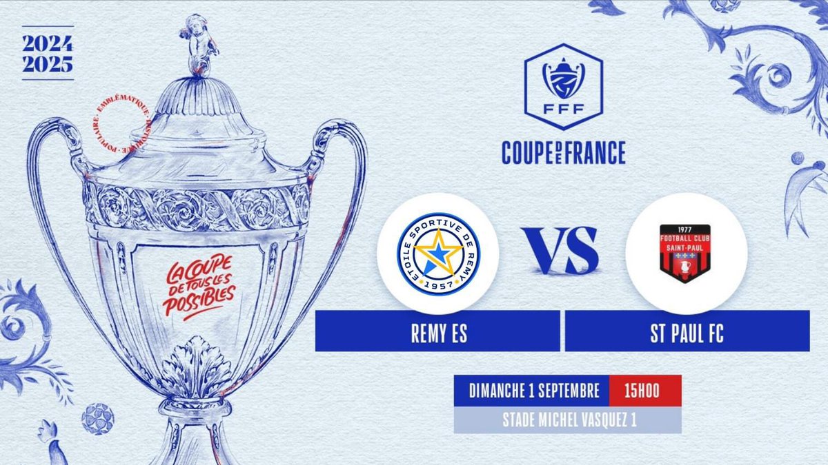 fcsaintpaul's tweet photo. [⚔️ Jour de match]

🆚 ES Remy (D3)
⌚️ 15h
🏆 Coupe de France
🏟 Stade Michel Vasquez
📌 Remy
🎟️ Entrée payante 3€
📲 #ESRFCSP https://t.co/NXbipXZPt4