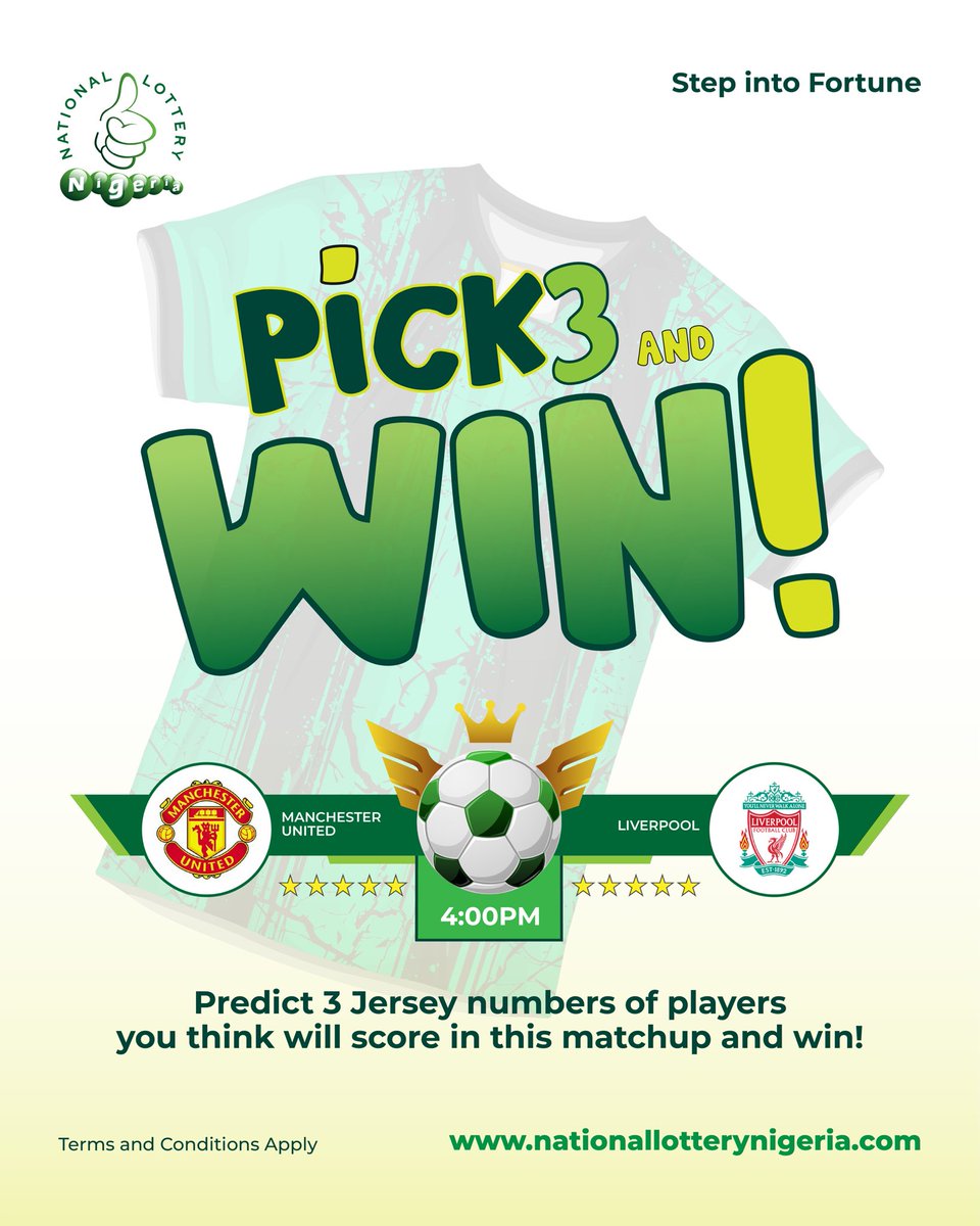 FarindokiOmar's tweet photo. Predict 3 and Win 

You must be following @NatLotteryNG 

*Predict 3 jersey numbers of players with jersey 7-11 to score and win 2k 
*Predict 3 jersey numbers of players with  other jersey numbers to score and win 5k 

Tweet your 3 chosen numbers using the hashtag #Pick3withNLN #MUNLIV