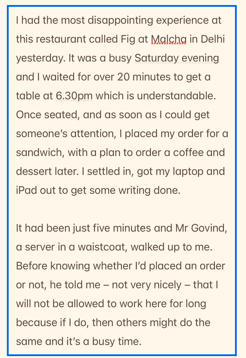 aditishahsays's tweet photo. Delhi’s restaurant scene is vibrant. We have some great restaurants serving delicious food. But serving good, clean food doesn’t cut it if the service is shoddy. Fig at Malcha in Chanakyapuri is one such. Recounting a disappointing and humiliating experience from last evening https://t.co/MM2XLl7Lkn
