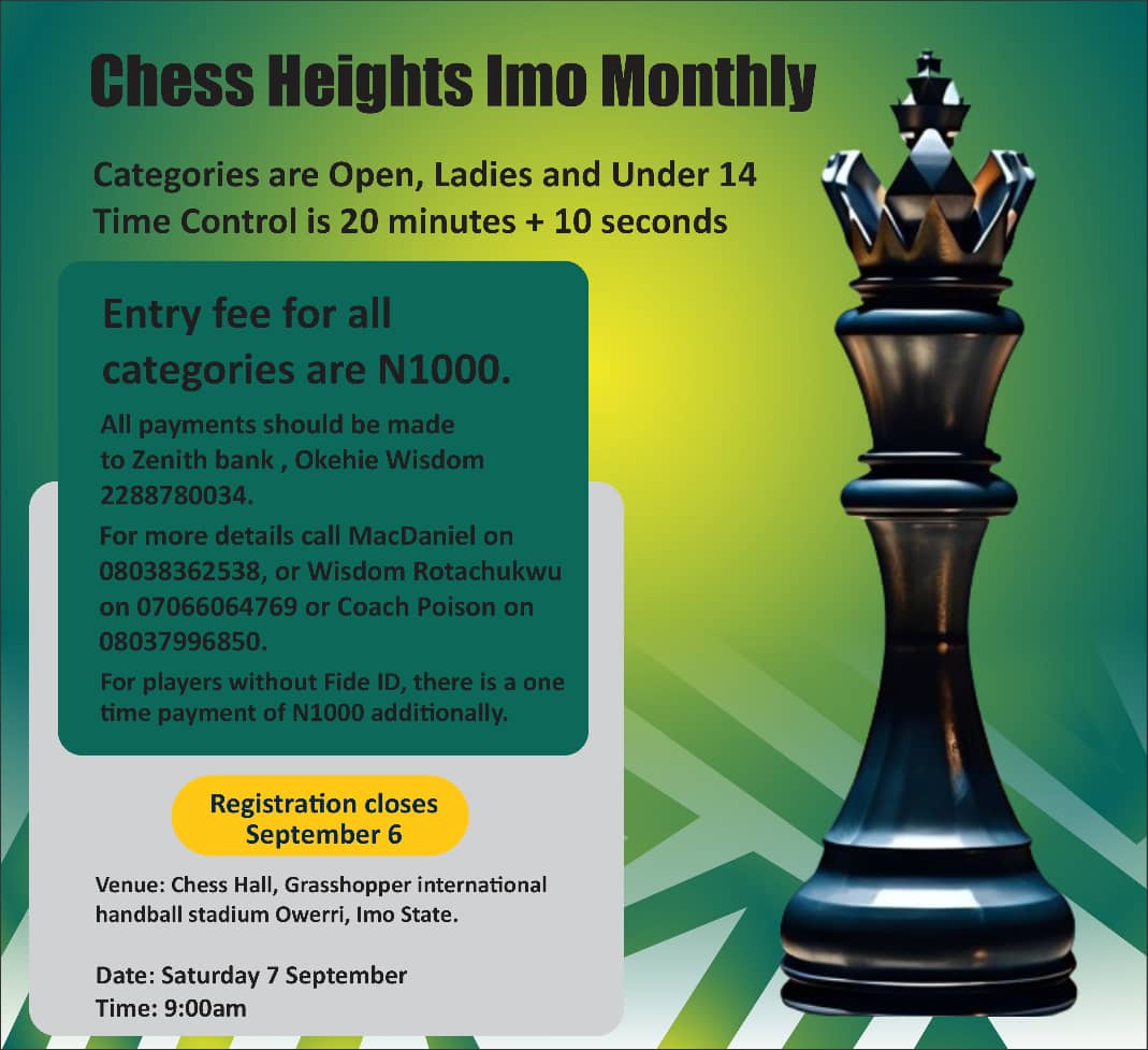 Chess_Heights's tweet image. Sharpen your strategy and make your mark at the Imo State Chess Heights Monthly Tournament—where every game is a step toward victory! #chessheightsplateaumonthly #chessplayers♟♟♟ #chessgameplay