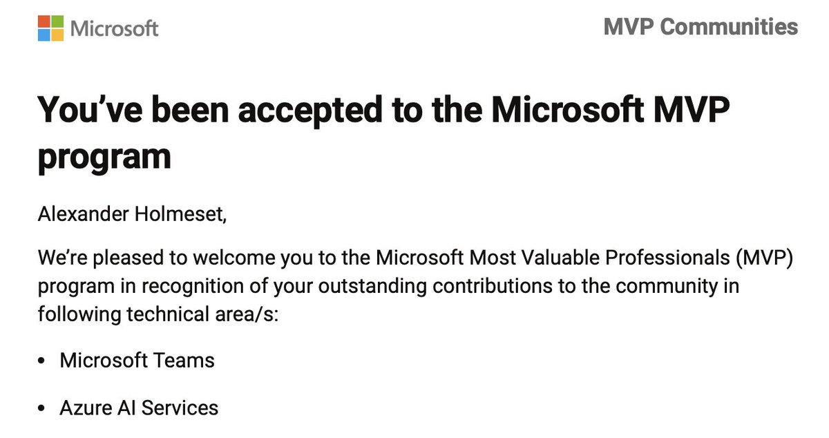 AlexHolmeset's tweet image. Looks like I'm back in the club! Now as a double MVP! 🎉
This is going to be exciting. 😁
#AI #AzureOpenAI #AzureAIServices #MicrosoftTeams