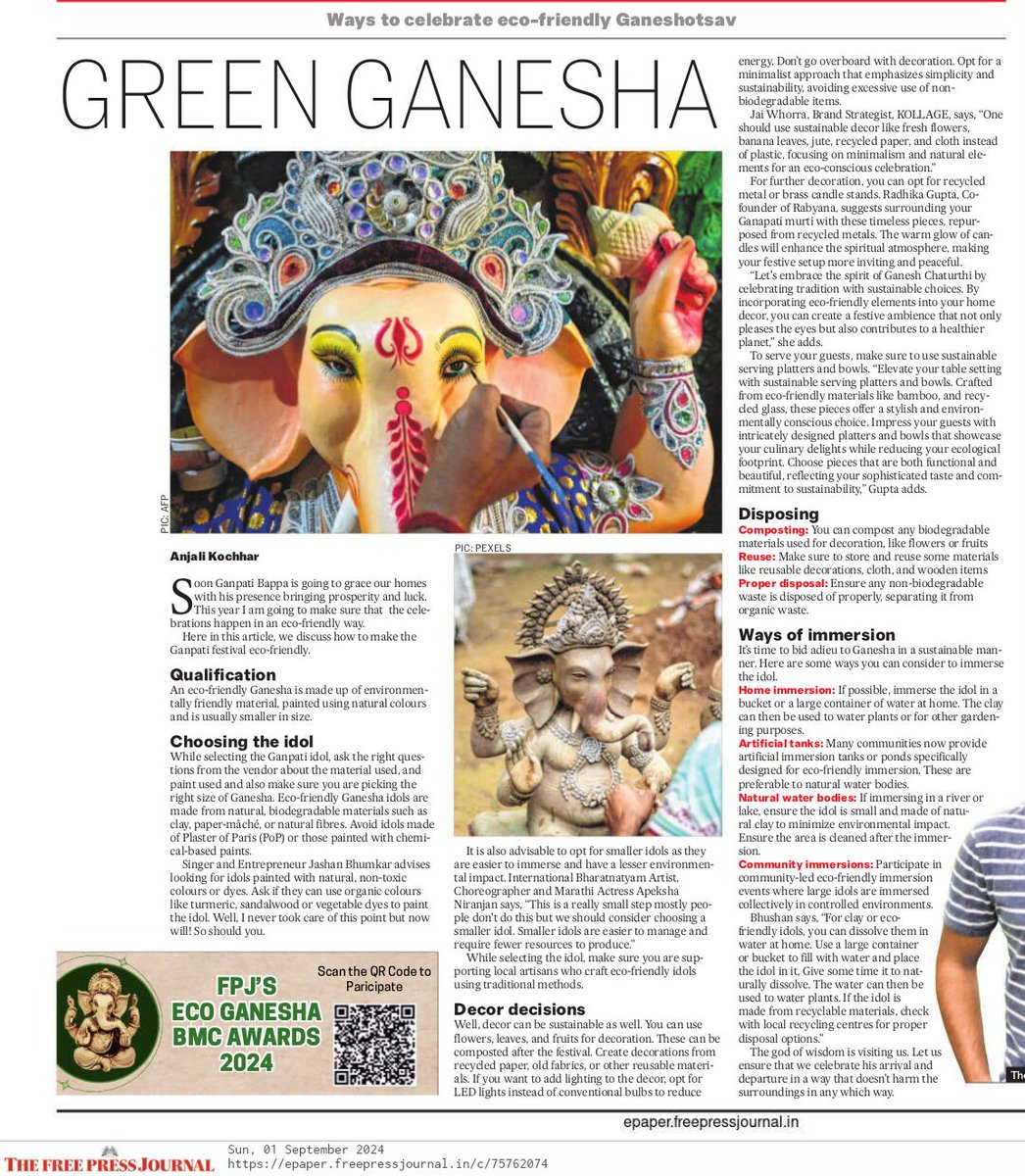 FreePressMP's tweet image. #FPJWeekend | Ganesh Chaturthi 2024: Ways To Celebrate With Eco-Friendly Elegance

✍️By Anjali Kochhar (@journoanjali15)

Read full article in today&apos;s The Free Press Journal: freepressjournal.in/lifestyle/gane…

#GaneshChaturthi2024 #ecofriendly #Ganeshchathurthi