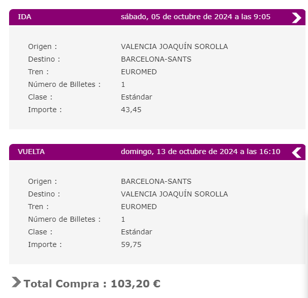 Vendo billete de tren Valencia-Barcelona ida 05/08 y vuelta 13/08.
50€
Vagón silencio. No se puede cambiar el titular. Sin descuento aplicado en la compra (no pedirán DNI)
Pago por paypal.
Detalle de fechas y horarios en la imagen.