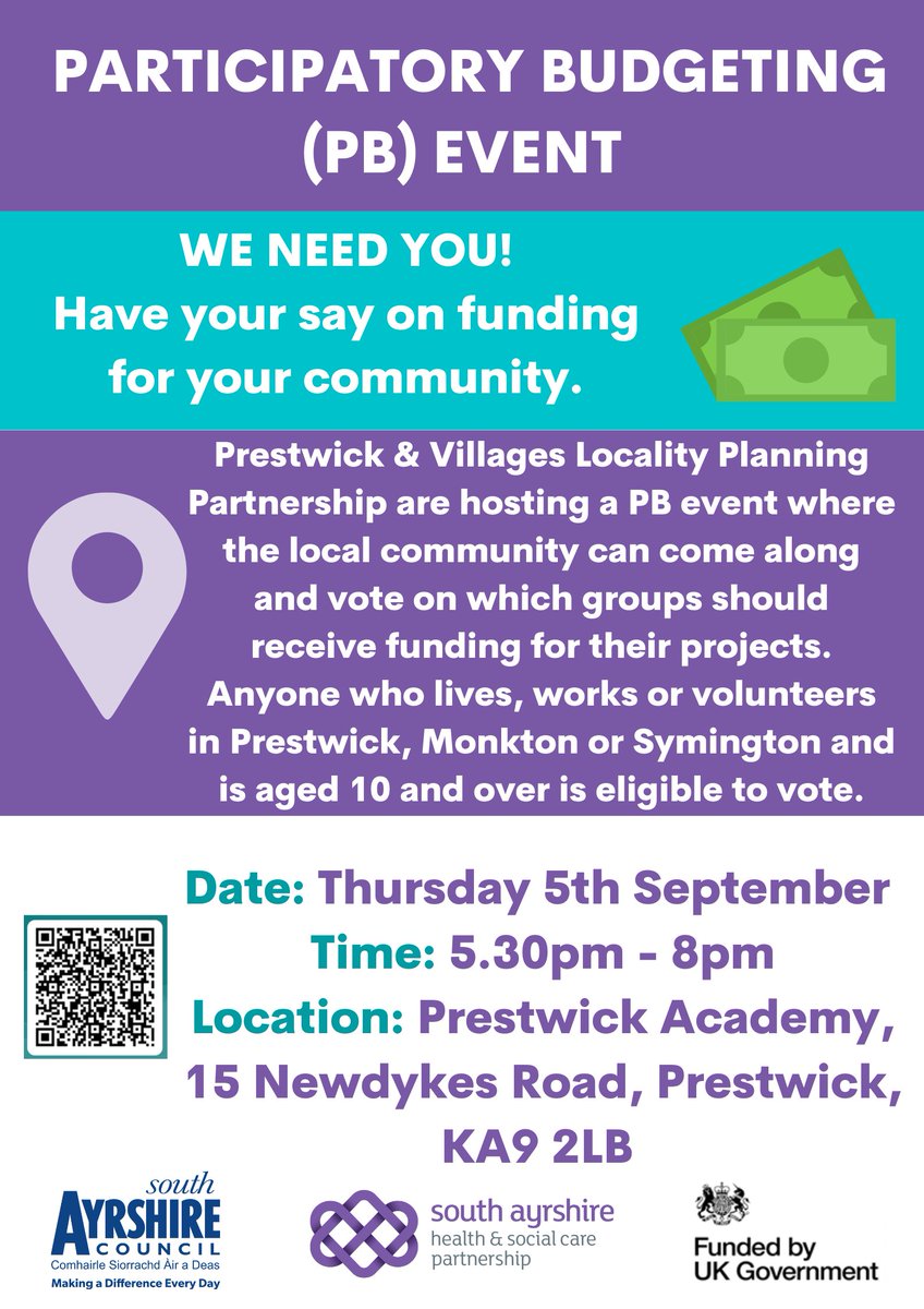 Our Prestwick and Villages Participatory Budgeting Event takes place on Thursday! Come along to hear more about some of the great projects in the area and help vote for your favourite!

Cant make it along? Vote online: ow.ly/CjHS50TatnZ