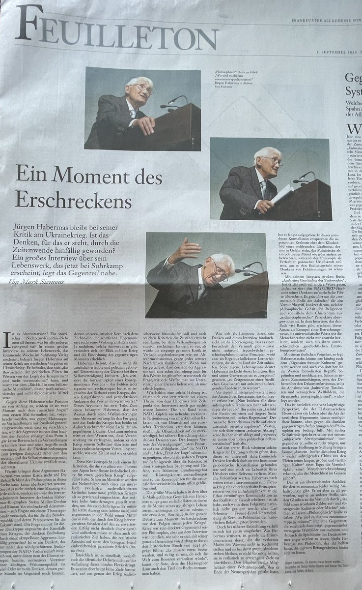 „Ich kritisiere die Kurzsichtigkeit eines konzeptlosen Westens – das Fehlen jeder eigenen und rechtzeitigen Initiative angesichts der Barbarei eines Krieges, dessen festgefahrenes und perspektivloses Andauern der Westen mitverantwortet.“

Jürgen Habermas 

Mark Siemons <a href="/faznet/">Frankfurter Allgemeine</a>