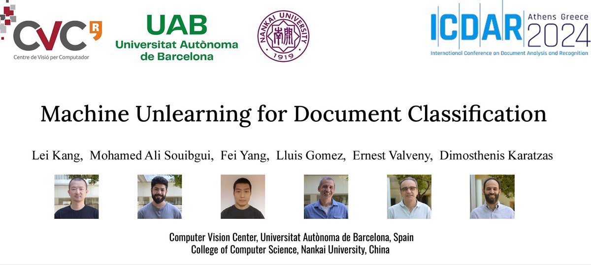 lei_tro's tweet photo. Hi #icdar2024 ers! We’ll present our work on Machine Unlearning for Document Classification from 12:10-12:30 on Sept 2 in oral session II: Layout Analysis and Doc Class. Our work is done with @SouibguiAli , Fei Yang, Lluis Gomez, @ErnestValveny , and @dkaratzas . See you then! https://t.co/OzDoIa0OKq