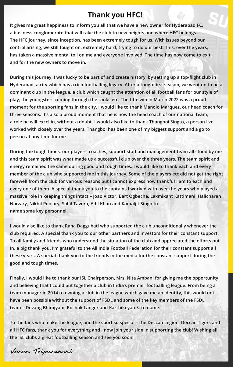 Varun Tripuraneni (@tvaroon) on Twitter photo Itโs time to bid farewell to a very special <a href="/HydFCOfficial/">Hyderabad FC</a> family! The highs and lows, the victories and the defeats are what makes the sport so special. The club is in great hands now!
The <a href="/IndSuperLeague/">Indian Super League</a> which has been everything for me in the last 10 years, Thank you! Itโs time to bid farewell to a very special <a href="/HydFCOfficial/">Hyderabad FC</a> family! The highs and lows, the victories and the defeats are what makes the sport so special. The club is in great hands now!
The <a href="/IndSuperLeague/">Indian Super League</a> which has been everything for me in the last 10 years, Thank you!