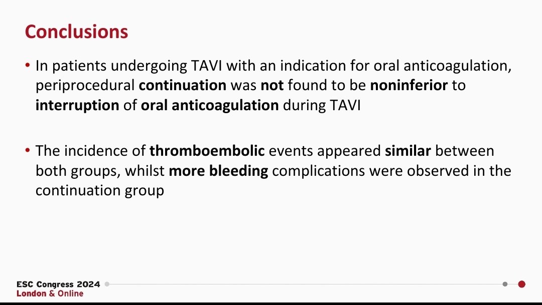 .Tenemos que suspender el tratamiento anticoagulante antes de un reemplazo valvular aortico percutaneo para evitar sangrados. Los eventos tromboembólicos no aumentan. Estudio POPular pause TAVI.  #ESCCongress2024
#CardioTwitter