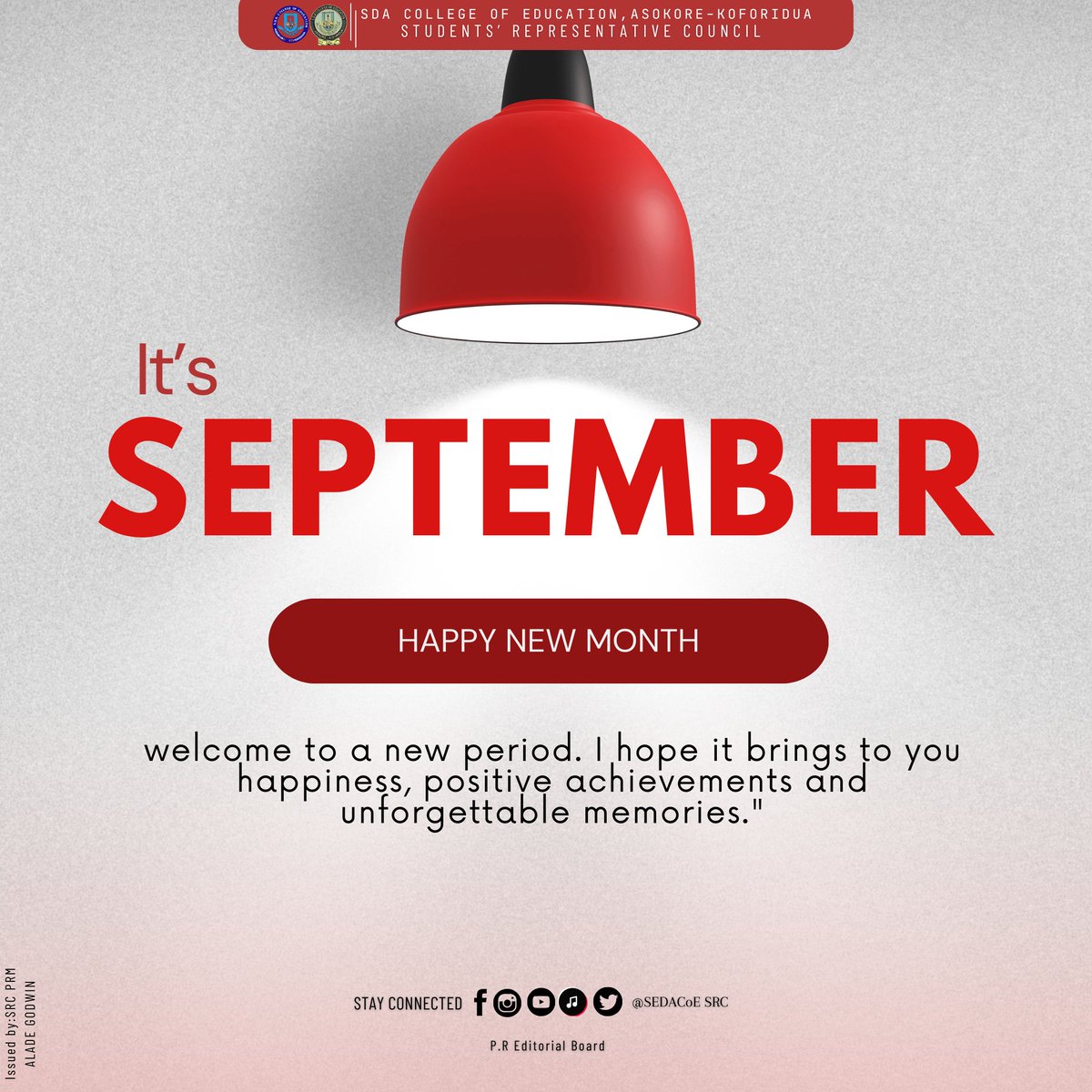 sedacoe_src's tweet photo. Hi Fam, It's September 

Welcome to a new period, i hope it brings to you happiness, positive achievements and unforgettable memories.
Happy New Month Family ✨ 

Issued by:
SRC PRM - Alade Godwin Kofi  [ @ALADE_GODWIN ]

SEDACoE SRC 23/24 ✍ https://t.co/zyrTirojlf
