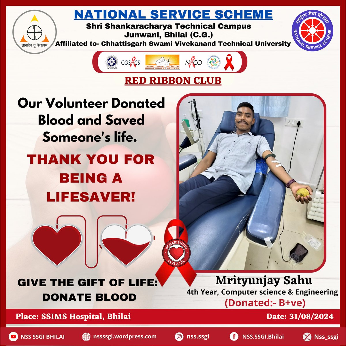 Nss_ssgi's tweet photo. Jai Hind 🇮🇳
Mrityunjay Sahu from 4th Year, Computer Science and Engineering, Volunteer of @Nss_ssgi, Bhilai (C.G.), donated B+ve blood at #SSIMS Hospital, Bhilai under the banner of #RedRibbonClub.
@_NSSIndia
@YASMinistry
@NSSRDBhopal
@nsscsvtuCG
@NssChhattisgarh https://t.co/RekV6GgCvZ