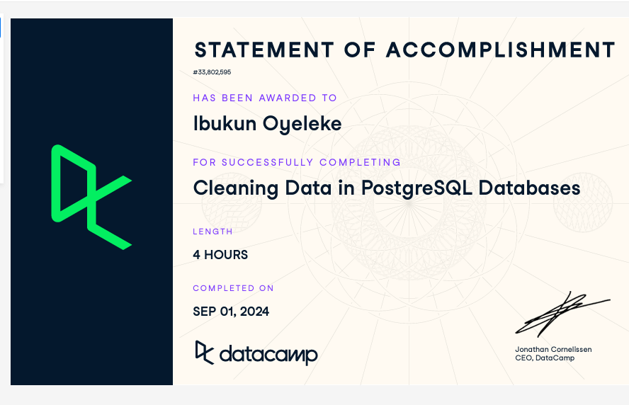 oyelekeibukun1's tweet photo. Day 17&18: 30-Day SQL challenge
I completed the, "Data cleaning in PostgreSQL" course on @datacamp. Learned how to tackle messy data, optimize queries, and ensure data integrity. Ready to apply these skills in real-world projects! #PostgreSQL #DataCleaning #SQL #DCA30DaysofSQL https://t.co/gryongfeiz