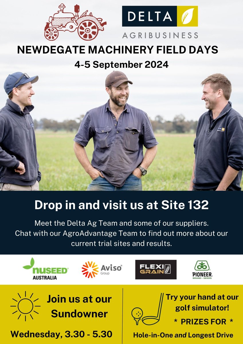 We'll be at Newdegate on Wednesday and Thursday this week!  Come and say hi and chat with our team and our guest suppliers <a href="/nuseed/">SEED at Northwestern University</a>, @flexigrain, <a href="/Avisowa/">Aviso WA - Insurance Brokers</a>, <a href="/pioneerseeds/">Pioneer Seeds U.S.</a>. Don't forget we'll be bringing along our golf simulator - come in and give it a try ⛳. See you there!